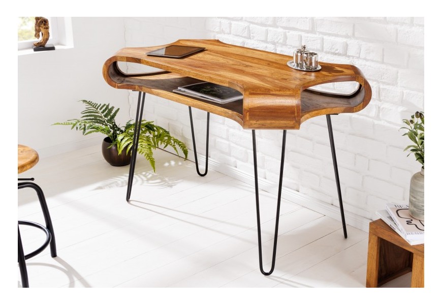 Štýlový industriálny kancelársky stôl Spin z masívneho dreva sheesham hnedej farby a s čiernymi kovovými nohami