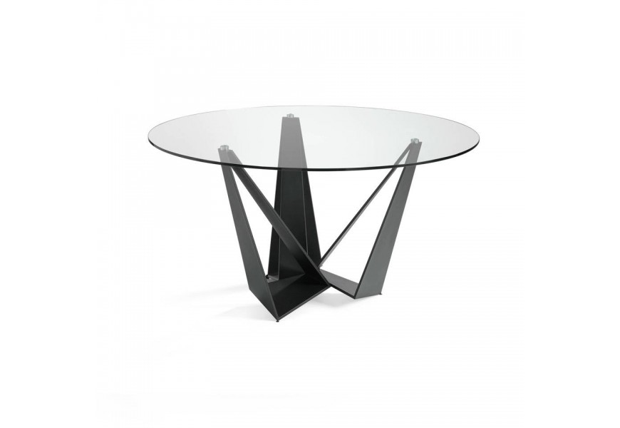 Moderný jedálenský stôl Urbano so sklenenou vrchnou doskou s dizajnovou oceľovou podnožou