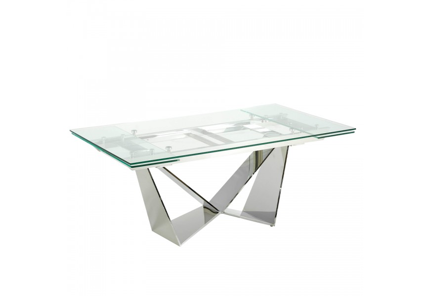 Moderný jedálenský stôl Urbano so sklenenou rozkladacou doskou a pochrómovanou dizajnovou podstaovu