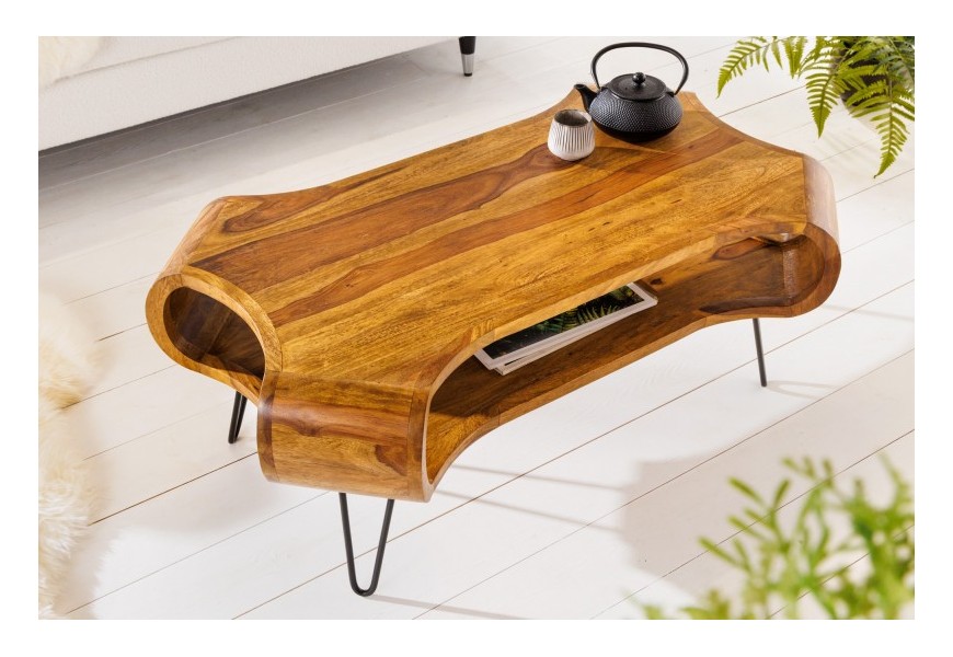 Industriálny konferenčný stolík Spin z masívneho palisandrového dreva hnedej farby a čiernych kovových nožičkách 100cm