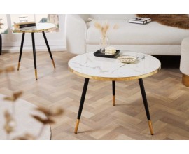Dizajnový art deco konferenčný stolík Nudy okrúheho tvaru s bielou mramorovou doskou a čierno-zlatými nohami