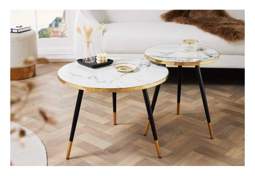 Elegantný okrúhly konferenčný stolík Nudy v art deco štýle s bielou doskou s mramorovým efektom