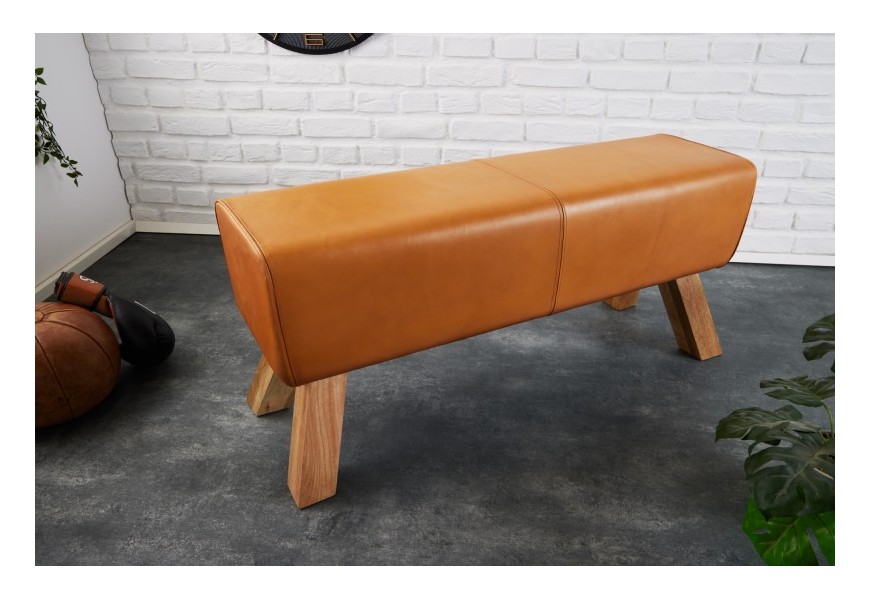 Dizajnová moderná lavica Sodor z pravej kože v hnedom prevedení s drevenými šikmými nožičkami