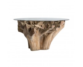 Exkluzívny etno jedálenský stôl Haruki z teakového dreva s okrúhlou sklenenou doskou 150cm