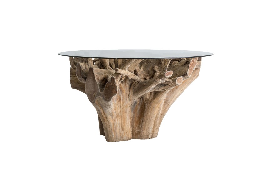 Štýlový etno okrúhly jedálenský stôl Haruku s prírodnou podstavou z teakového masívu a sklenenou vrchnou doskou