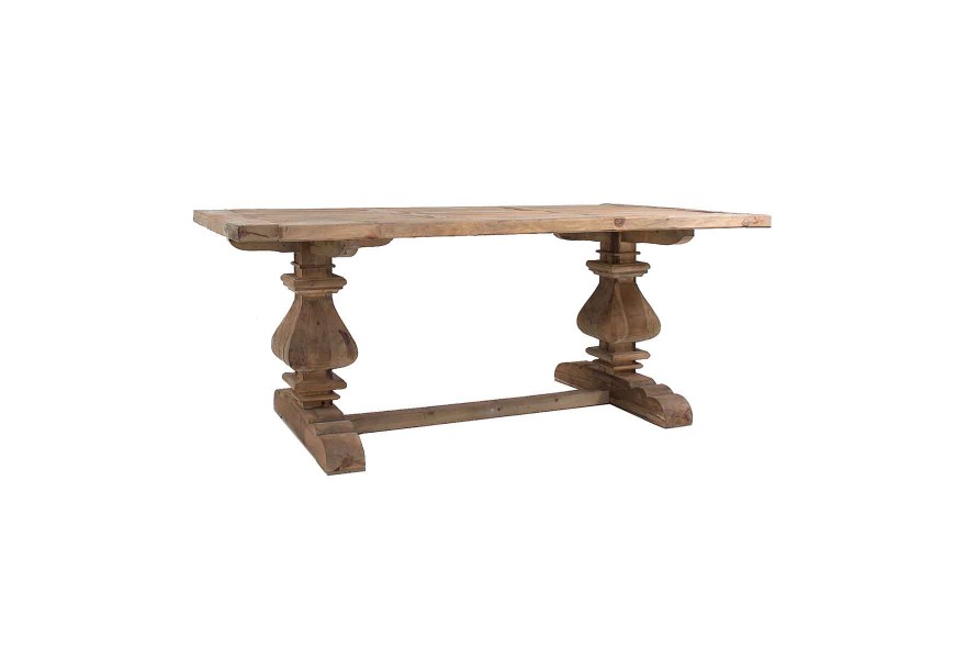 Rustikálny masívny jedálenský stôl Komani z borovicového dreva s vyrezávanými nohami prírodnej hnedej farby