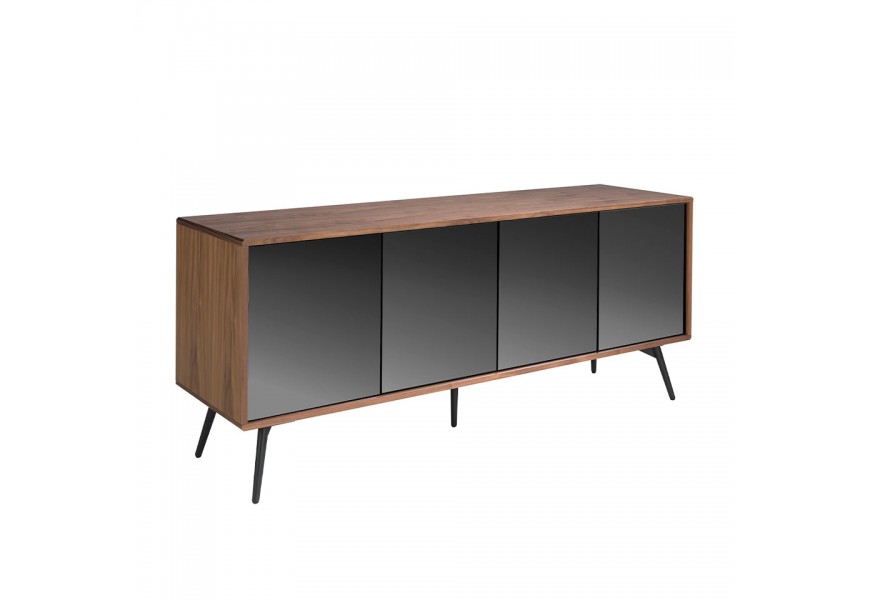 Moderná komoda Forma Moderna hnedá z dreva s čiernymi zrkadlovými dvierkami a kovovými nožičkami