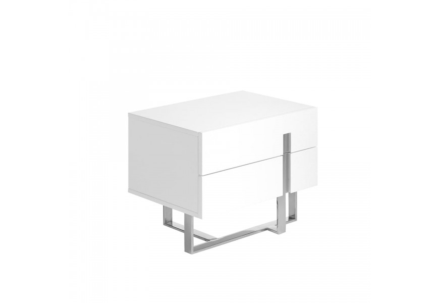 Moderný nočný stolík Forma Moderna lakovaný biely s chrómovým detailom a prekríženými kovovými nožičkami