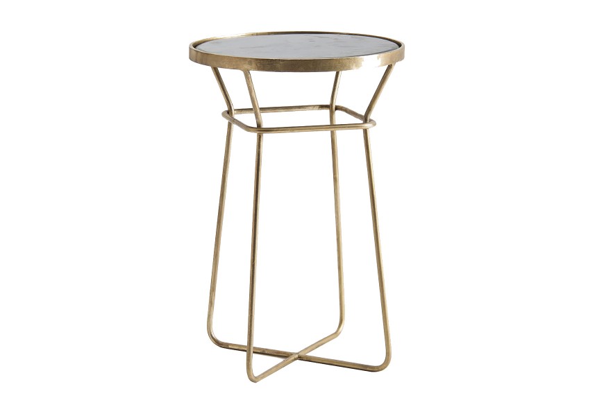Dizajnový glamour príručný stolík Centauri s okrúhlou mramorovou doskou čiernej farby a so zlatou kovovou konštrukciou