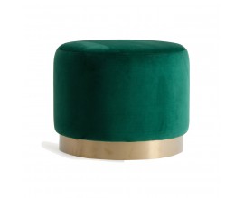 Elegantná čalúnená taburetka Saanvi okrúhleho tvaru so zamatovým zeleným poťahom v art deco štýle