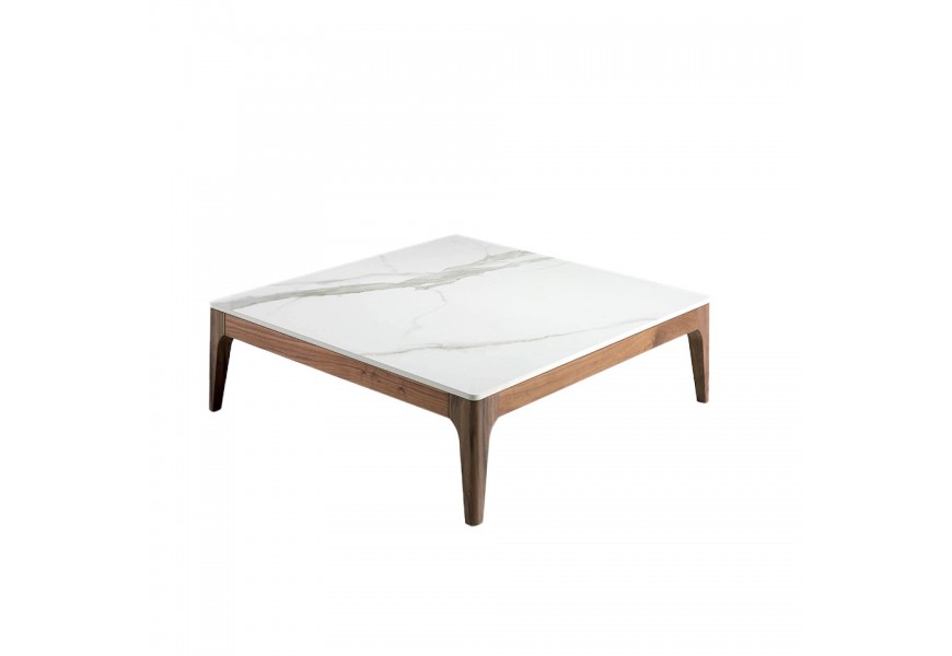 Moderný štvorcový konferenčný stolík Forma Moderna so sklenenou vrchnou doskou s mramorovým vzhľadom biely