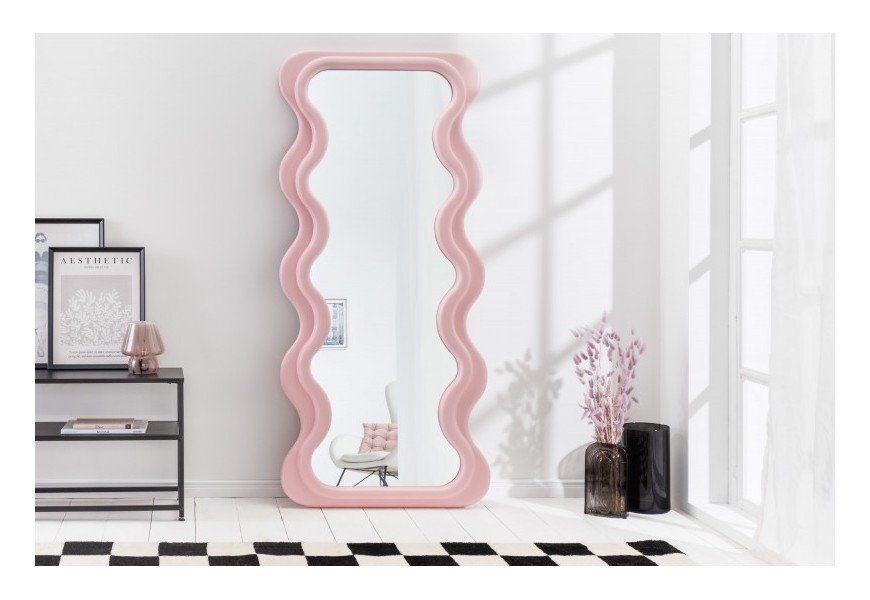 Art deco moderné vysoké zrkadlo Swan s vlnitým rámom v pastelovej ružovej farbe 160cm
