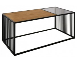 Industriálny konferenčný stolík Westford v tvare obdĺžnika v kovovou konštrukciou v čiernej farbe s sklenenou vrchnou doskou s efektom dubového dreva