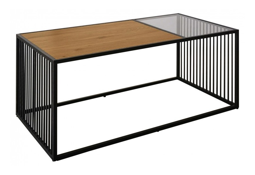 Industriálny konferenčný stolík Westford v tvare obdĺžnika v kovovou konštrukciou v čiernej farbe s sklenenou vrchnou doskou s efektom dubového dreva