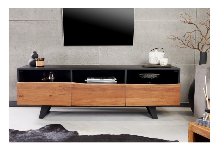 Industriálny televízny stolík Tallero II z akáciového masívu na kovových nožičkách v hnedo čiernom prevedení 140cm