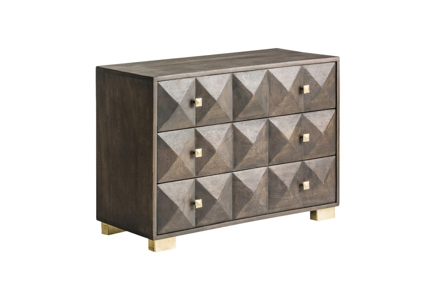 Luxusná masívna komoda Azzari v art deco štýle s tromi zásuvkami, reliéfnym geometrickým vzorom a zlatým kovovým zdobením