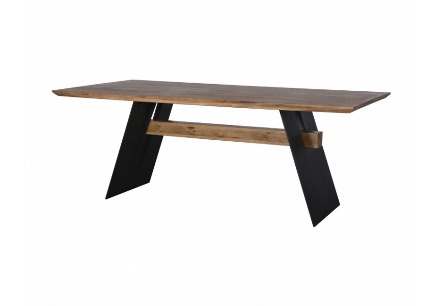 Industriálny jedálenský stôl Comedor z prírodného dubového dreva s vynikajúcou kresbou dreva na dvoch mohutných nohách po bokoch v čiernej farbe