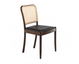 Masívna hnedá jedálenská stolička Forma Moderna s ratanovou opierkou a čiernym eko-koženým sedákom