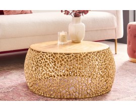 Dizajnový okrúhly konferenčný stolík Hoja s kovovou konštrukciou zlatej farby 75cm