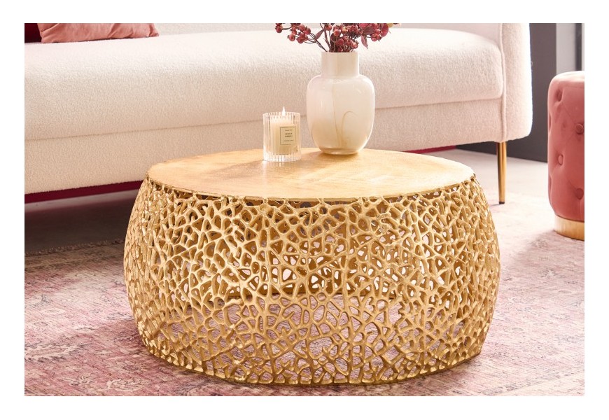 Dizajnový okrúhly konferenčný stolík Hoja s kovovou konštrukciou zlatej farby 75cm