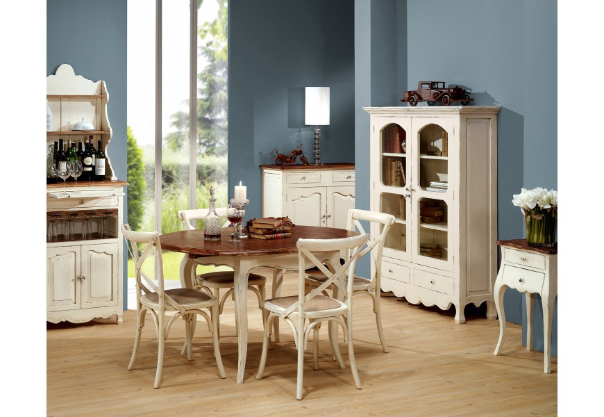 Provensálska jedálenská zostava Antoinette II z mahagónového dreva s vrchným náterom vo vanilkovom odtieni a hnedými vrchnými do
