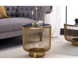 Dizajnový glamour okrúhly konferenčný stolík Esme v čierno-zlatom prevedení z kovu so sklenenou doskou