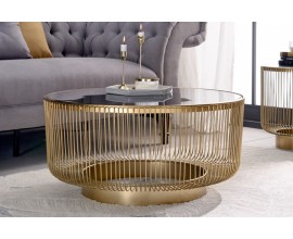 Art deco okrúhly konferenčný stolík Esme so zlatou kovovou konštrukciou a čiernou sklenenou doskou 80cm