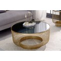 Art deco okrúhly konferenčný stolík Esme so zlatou kovovou konštrukciou a čiernou sklenenou doskou 80cm