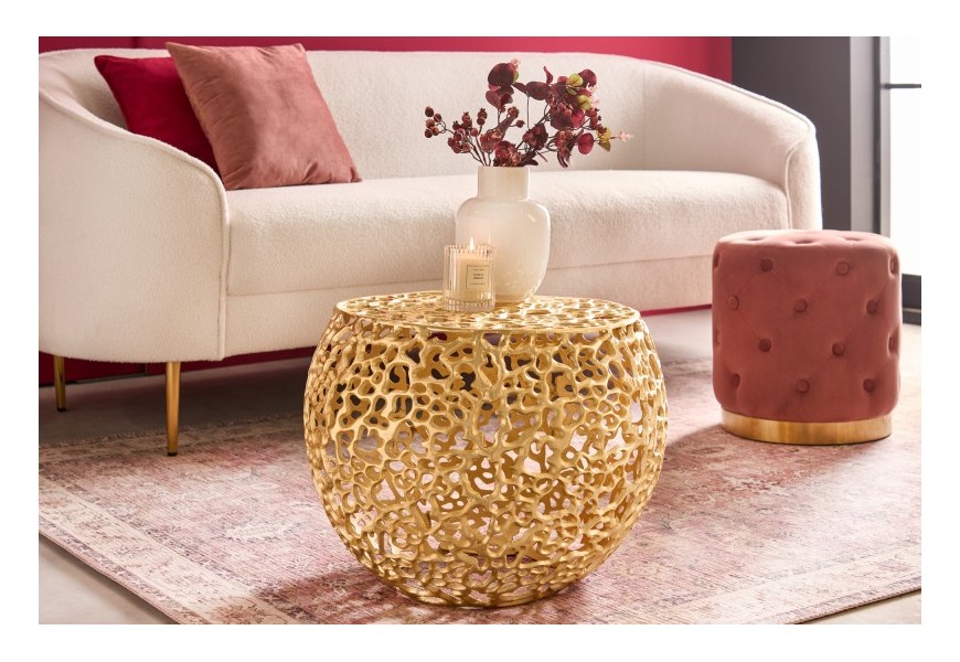 Elegantný glamour konferenčný stolík Hoja zlatej farby s okrúhlou konštrukciou z kovu