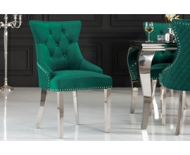 Zámocká štýlová jedálenská stolička Eleanor so zamatovým smaragdovozeleným čalúnením a striebornými nohami 94cm