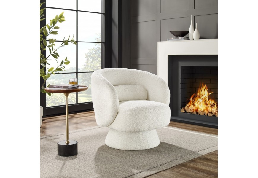 Elegantné moderné kreslo Elain s buklé čalúnením bielej farby okrúhleho tvaru