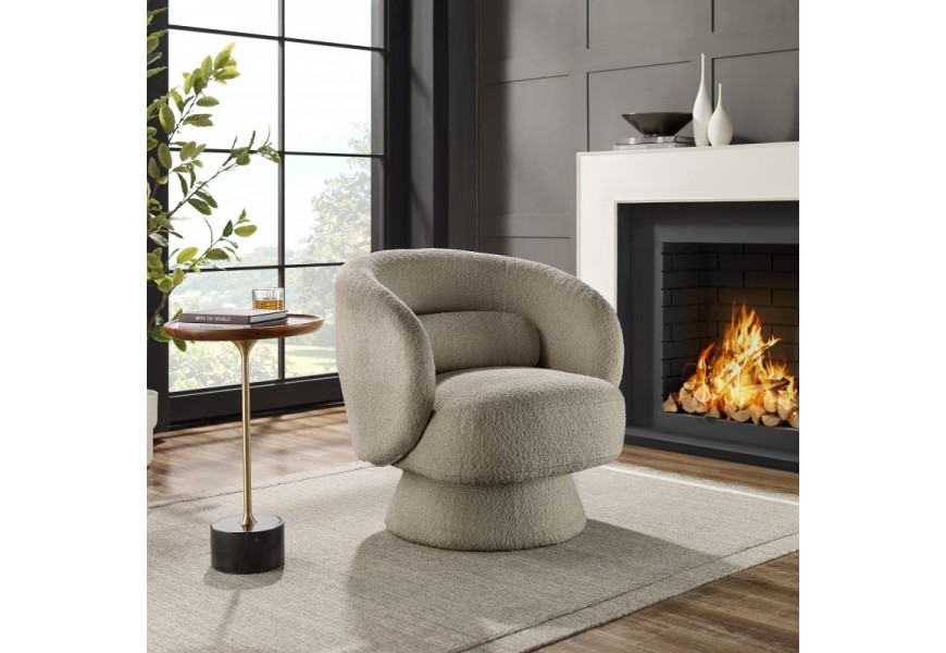 Štýlové moderné kreslo Elain okrúhleho tvaru s buklé čalúnením sivohnedej farby