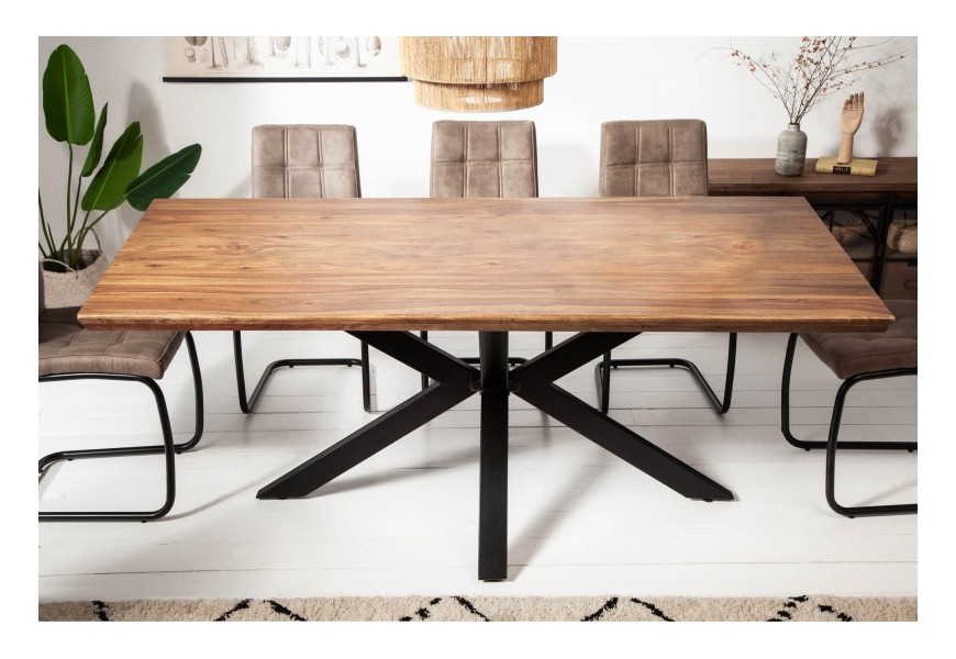 Industriálny jedálenský stôl Cosmos z dreva hnedej farby s čiernymi prekríženými nohami z kovu