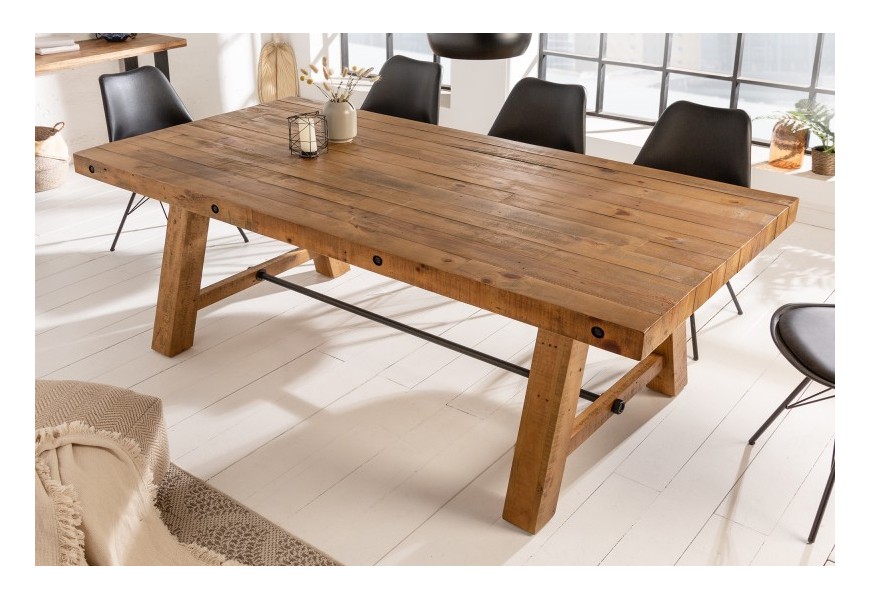Industriálny masívny jedálenský stôl Roseville obdĺžnikového tvaru v prírodnej hnedej farbe