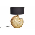Štýlová stolná lampa Alexa so zlatou kovovou podstavou v tvare mušle a s okrúhlym čiernym tienidlom