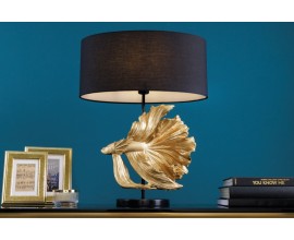 Dizajnová stolná lampa Sidoria so zlatou podstavou v tvare ryby s čiernym okrúhlym tienidlom