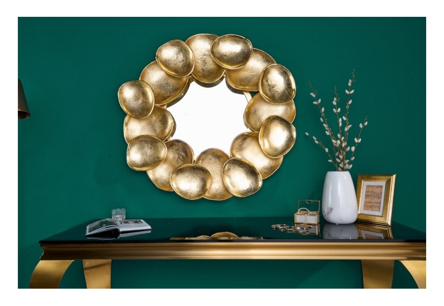 Art deco nástenné zrkadlo Amren z kovových plieškov okrúhleho tvaru zlatej farby