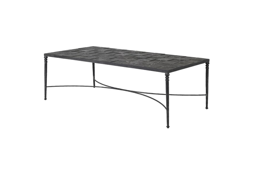 Dizajnový kamenný konferenčný stolík Feyre s ozdobnými kovovými nohami čiernej farby