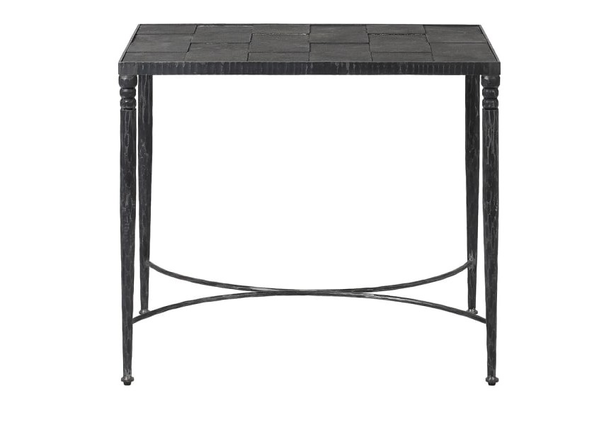 Dizajnový príručný stolík Feyre s kamennou vrchnou doskou a ozdobnými kovovými nohami čiernej farby 70cm