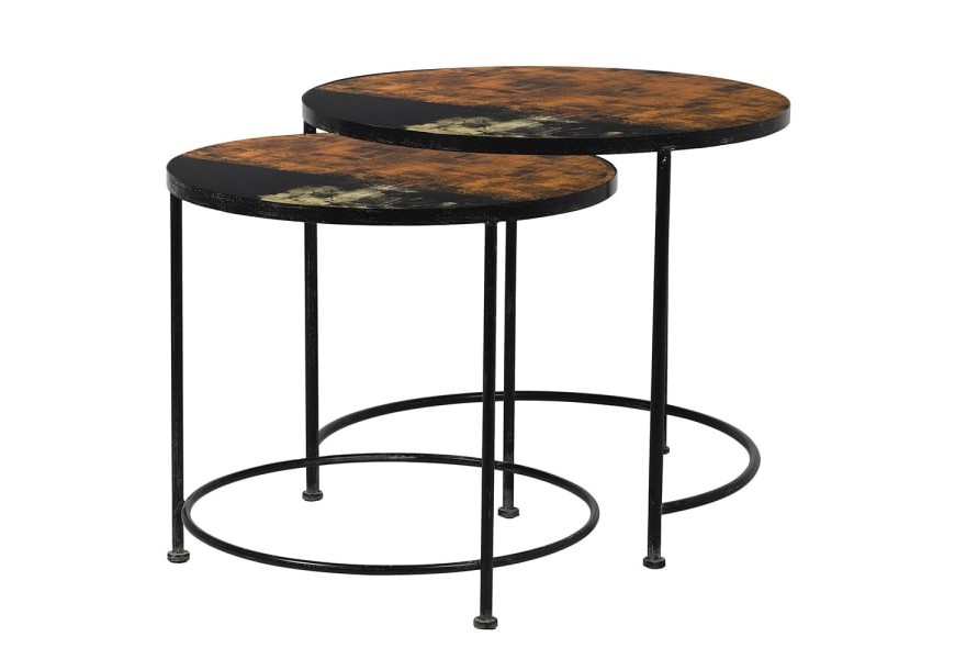 Dizajnový set dvoch okrúhlych konferenčných stolíkov Madeira z kovu a skla s výraznou patinou