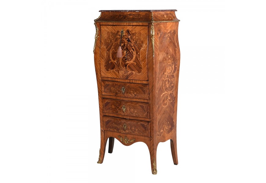 Barokový sekretár Dolce II z hnedého dreveného masívu s intarziou a uzavretým úložným priestorom s kovovým zdobením 132cm