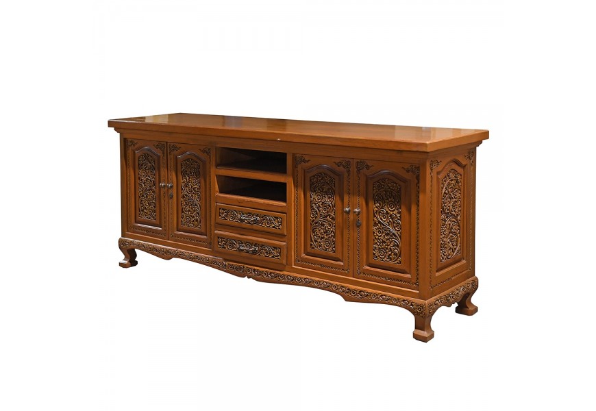 Masívny príborník Jullien v orientálnom štýle z tmavohnedého masívu s vyrezávanými detailmi s dvierkami a vnútornými poličkami