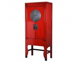 Orientálna masívna barová skrinka Yessien v červenom prevedení s kovovým dekorom a úchytmi 175cm
