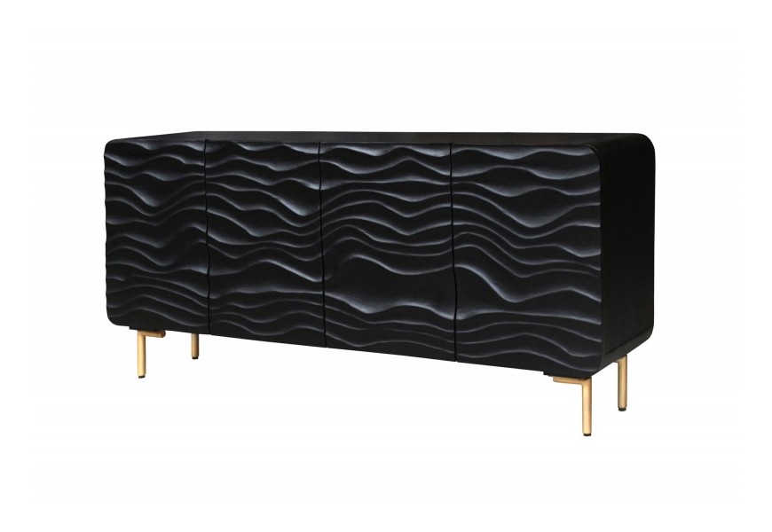 Moderná komoda Lagoon z čierneho mangového dreva s ručne vyrobeným vzorom vĺn