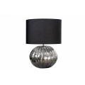 Moderná glamour stolná lampa Redesia na striebornom lesklom podstavci v tvare banky a čiernym textilným tienidlom