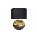 Glamour stolná lampa Redesia v orientálnom štýle z kovu v zlatom vyhotovení s tepaným podstavcom okrúhleho tvaru a okrúhlym tienidlom z čiernej textílie