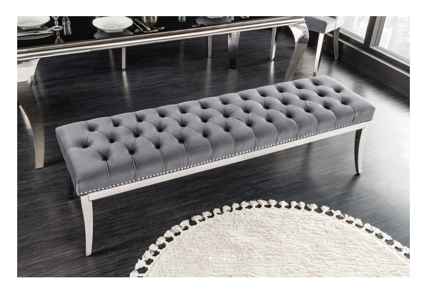 Baroková lavica Modern Barock bez opierok na nerezových nožičkách so zamatovým sivým čalúnením 165cm