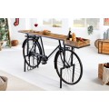 Dizajnový industriálny barový pult Bicycle s čiernou kovovou podstavou v tvare bicykla a s hnedou masívnou doskou