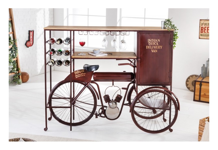 Dizajnový barový pultTricycle z kovu a dreva v podobe bicykla s úložným priestorom