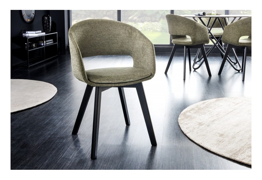 Škandinávska jedálenská stolička Lena s olivovozeleným poťahom a čiernymi nohami z kovu 80cm